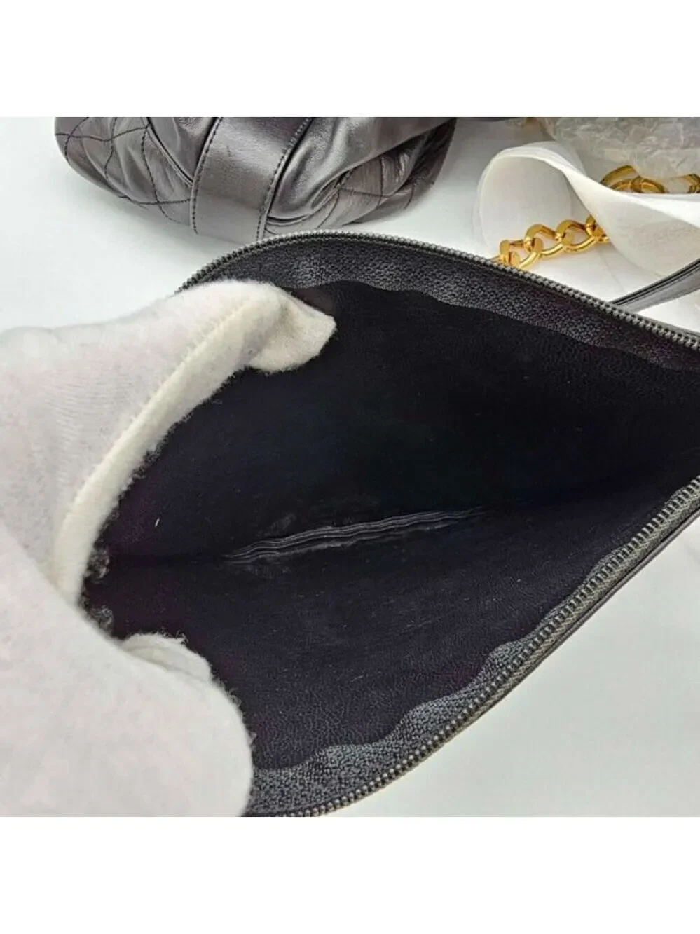 Authentic Chanel Drawstring Bucket Bag Black Leather Gold Chain CC Logo
